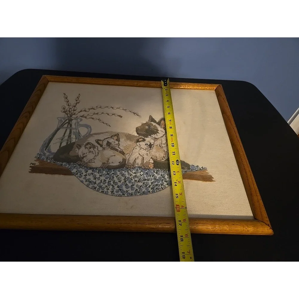 Mother's Pride Siamese Cat & Kittens Crewel Embroidery Completed‎ Framed 21x17.5